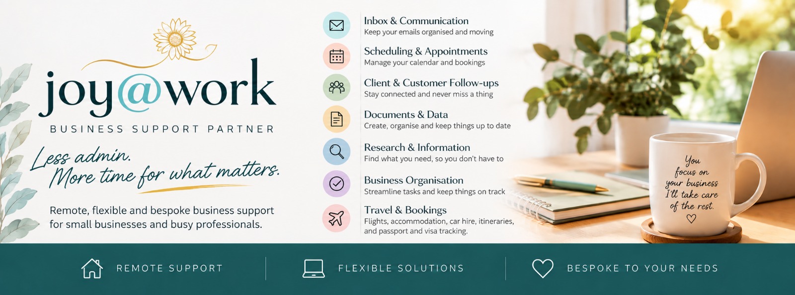Joy@Work business support: inbox, scheduling, follow-ups, documents, research, organisation and travel and bookings