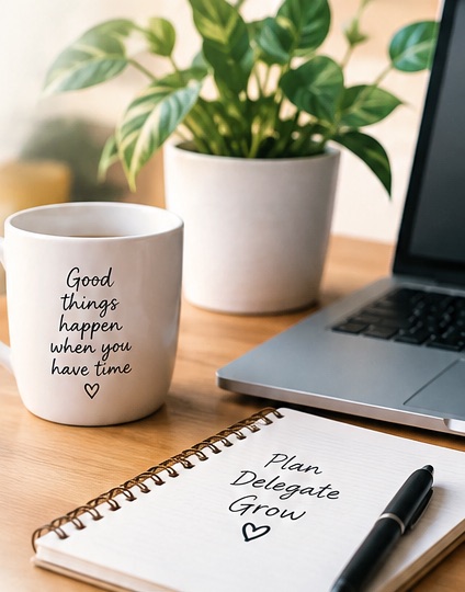 A desk with a white mug, a potted plant, a spiral notebook reading Plan, Delegate, Grow, and a laptop